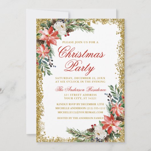 Waterverf met kerstfeest in Poinsettia Glitter Red Kaart (Voorkant)