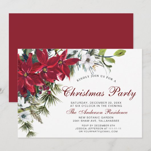 Waterverf met kerstfeest Red Poinsettia Floral Kaart (Voorkant / Achterkant)