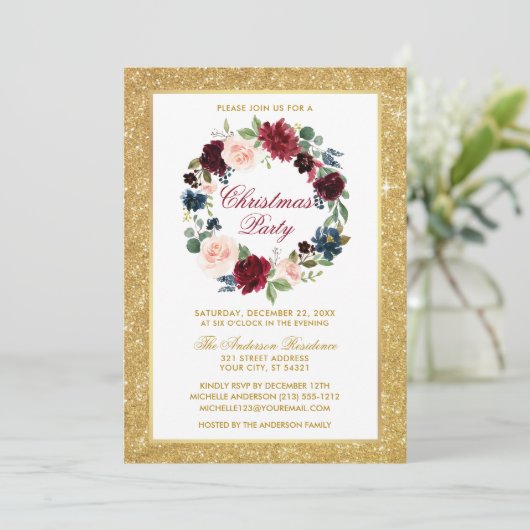 Waterverf met kerstfeestdag Floral Gold Glitter Kaart (Staand voorkant)
