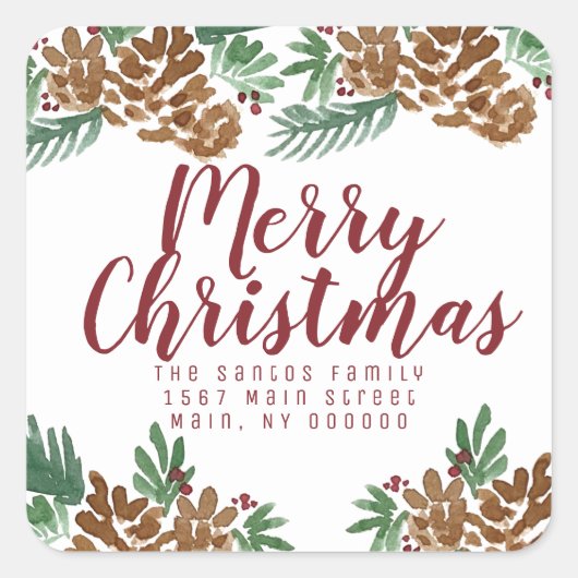 Waterverf met kersthand Pinecones Greenery Berry Vierkante Sticker (Voorkant)