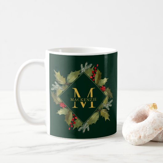 Waterverf met kerstmis Big Monogram Holly Wreator Koffiemok (Met donut)