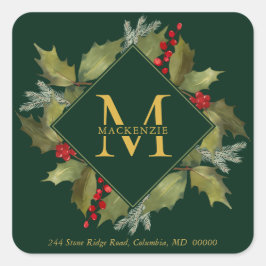 Waterverf met kerstmis Big Monogram Holly Wreator Vierkante Sticker