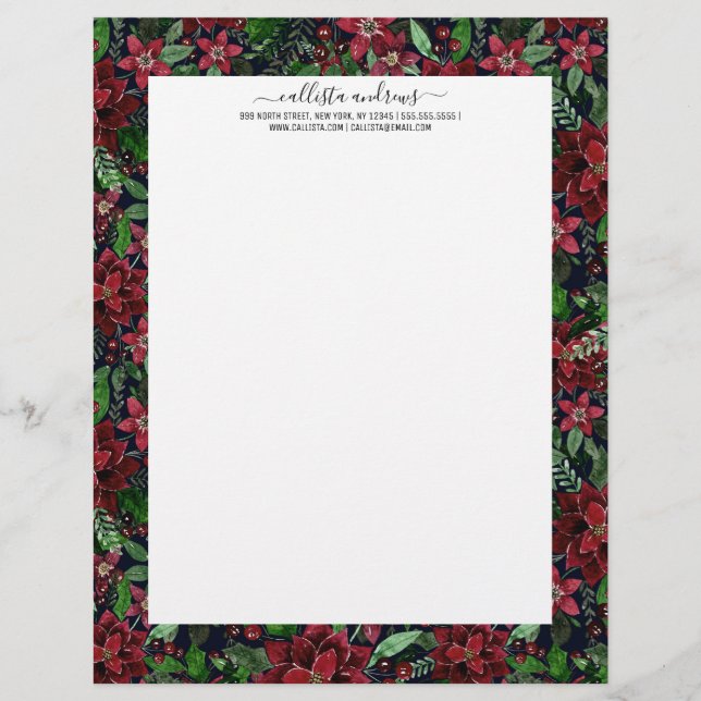 Waterverf met kerstmis-Bourgogne Poinsettia Flower Briefhoofd (Voorkant)
