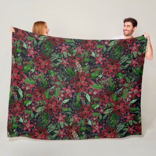 Waterverf met kerstmis-Bourgogne Poinsettia Flower Fleece Deken