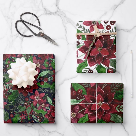 Waterverf met kerstmis-Bourgogne Poinsettia Flower Inpakpapier Vel (Voorkant)