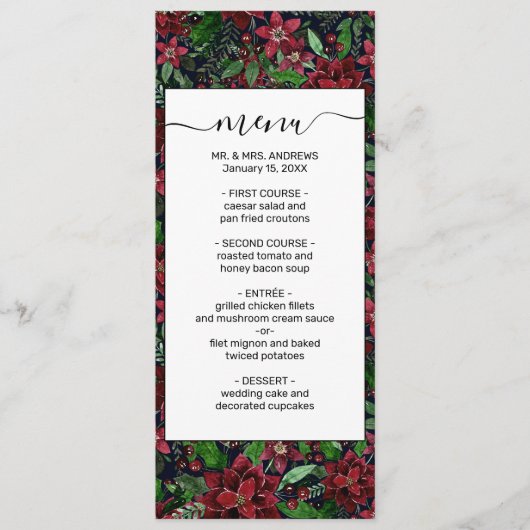 Waterverf met kerstmis-Bourgogne Poinsettia Flower Menu (Voorkant)