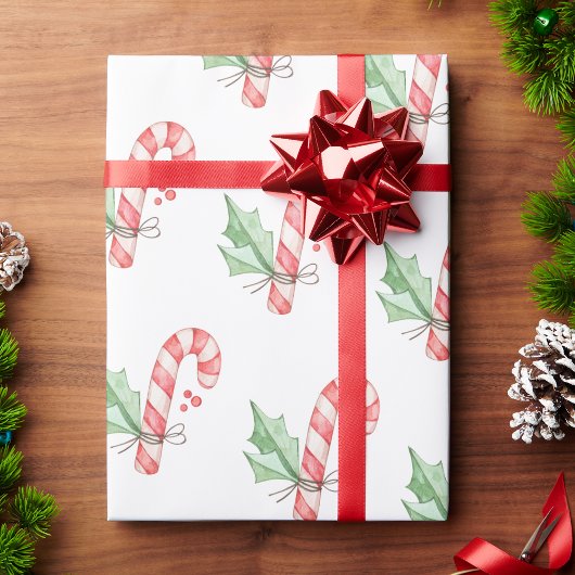 Waterverf met Kerstmis Rode snoepjes en Greenery Cadeaupapier