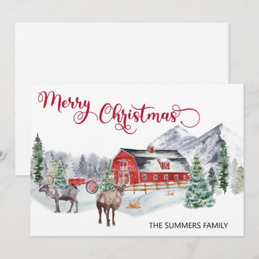 Waterverf met Kerstmis WinterBarn Woodland Reindee Feestdagenkaart (Voorkant / Achterkant)