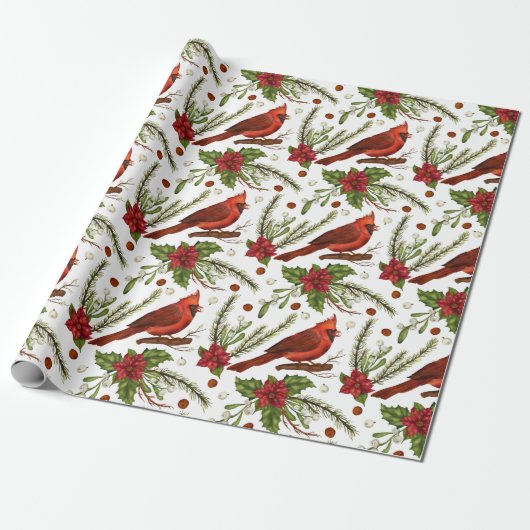 Waterverf met kerstrode kardinaal Pine Poinsettia Cadeaupapier (Uitgerold)