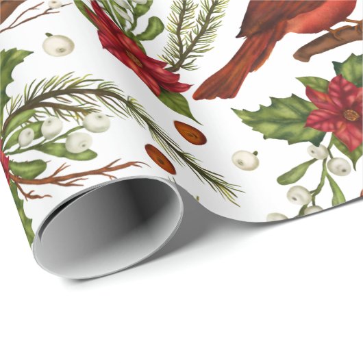 Waterverf met kerstrode kardinaal Pine Poinsettia Cadeaupapier (Rol Hoek)