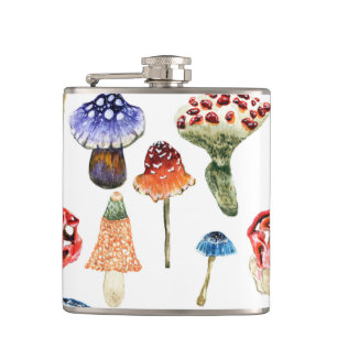 Waterverf met kleurrijke paddenstoelen heupfles