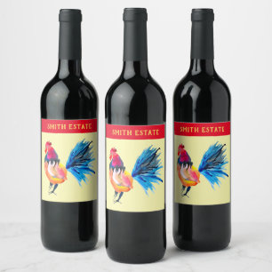 Waterverf met kleurrijke rooster wijn etiket