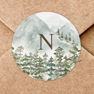 Waterverf met monogram in bos- en bergnatuur ronde sticker