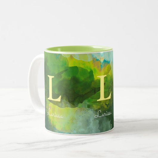 waterverf met naam en initiaal mooi tweekleurige koffiemok (Voorkant links)
