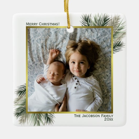 Waterverf met prettige kerstdagen Pine Gold Photo  Keramisch Ornament (Voorkant)