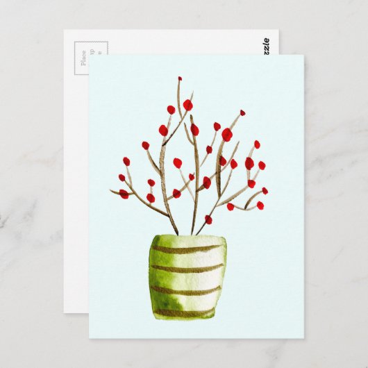 Waterverf met rode bessen Kerstmis Briefkaart (Voorkant / Achterkant)