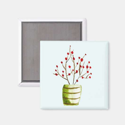 Waterverf met rode bessen Kerstmis Magneet (Voorkant / Achterkant)