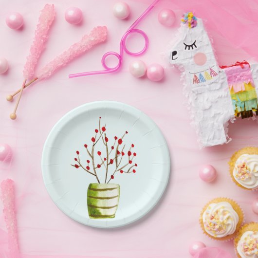 Waterverf met rode bessen Kerstmis Papieren Bordje (Feest)