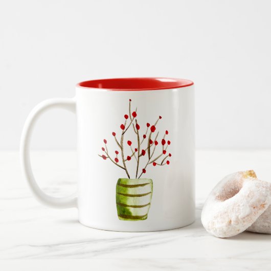 Waterverf met rode bessen Kerstmis Tweekleurige Koffiemok (Met donut)