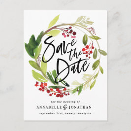 waterverf met rode groene winterbladeren met rode  aankondigingskaart