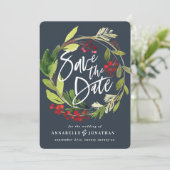 waterverf met rode groene winterbladeren met rode  save the date (Staand voorkant)