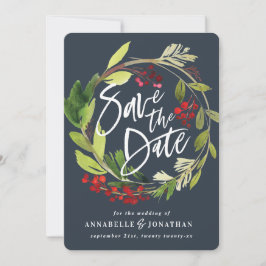 waterverf met rode groene winterbladeren met rode  save the date