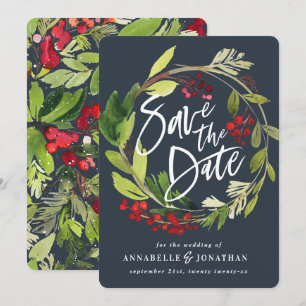waterverf met rode groene winterbladeren met rode save the date
