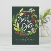 waterverf met rode groene winterbladeren met rode  save the date (Staand voorkant)