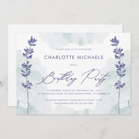 Waterverf met Script Birthday Party Kaart (Voorkant / Achterkant)