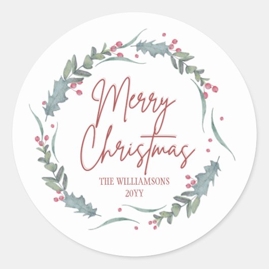 waterverf met vrolijk kerstfeest ronde sticker (Voorkant)