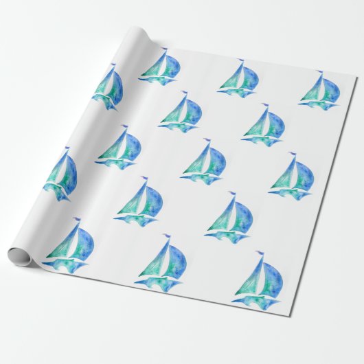 Waterverf met zeilboot  wrappingpapier cadeaupapier (Uitgerold)