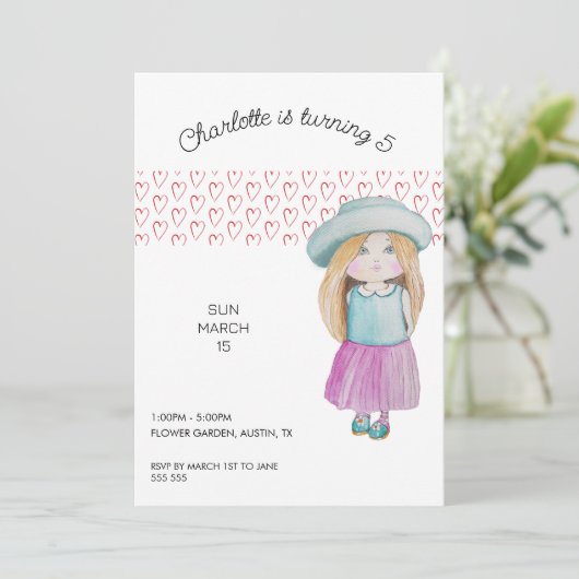 Waterverf met zoete doll met handbeschilderd feestdagenkaart (Staand voorkant)