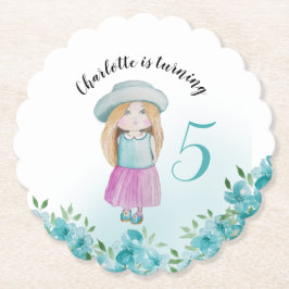 Waterverf met zoete doll met handbeschilderd kartonnen onderzetters