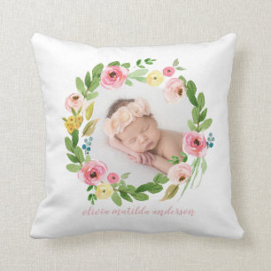 Waterverf met zwarte roze foto geboortedetails kussen