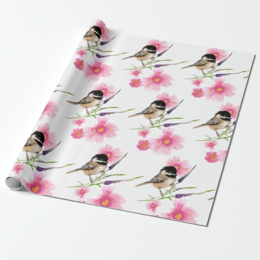 Waterverf met zwarte tapijt - Sweet Cute Chickadee Cadeaupapier (Uitgerold)