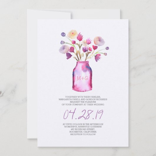 Waterverf metselaar pot en paarse bloemen bruiloft kaart (Voorkant)