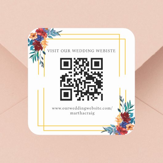 Waterverf Mexicaans Fiesta Bloem Bruiloft QR Code Vierkante Sticker