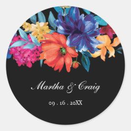 Waterverf Mexicaans Fiesta Bloem Bruiloft Zwart Ronde Sticker