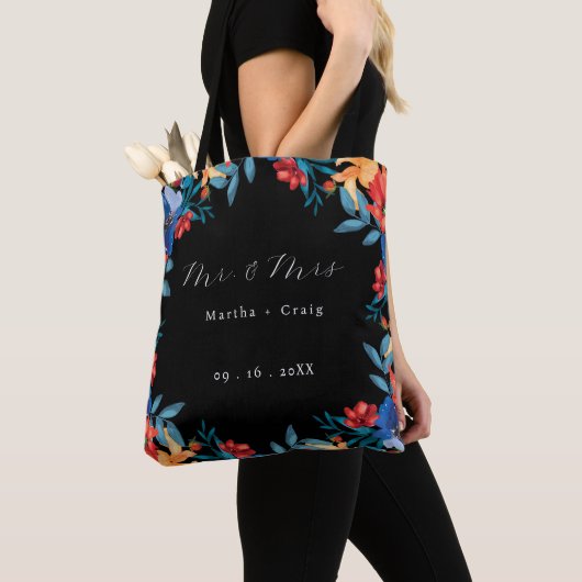 Waterverf Mexicaans Fiesta Bloem Bruiloft Zwart Tote Bag (Dichtbij)