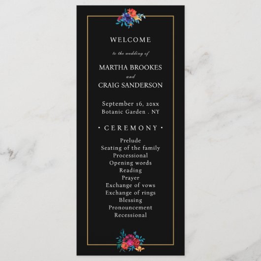 Waterverf Mexicaans Fiesta Bloem Zwart Bruiloft Programmakaart (Voorkant)