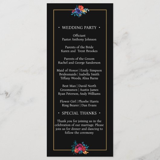 Waterverf Mexicaans Fiesta Bloem Zwart Bruiloft Programmakaart (Achterkant)