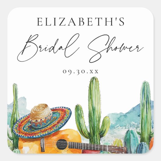 Waterverf Mexicaans Fiesta Cactus Bruiloftsborrel Vierkante Sticker (Voorkant)