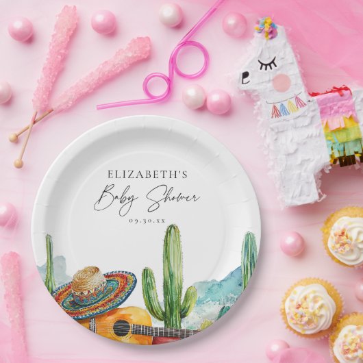 Waterverf Mexicaanse Cactus Fiesta Baby shower Papieren Bordje (Feest)