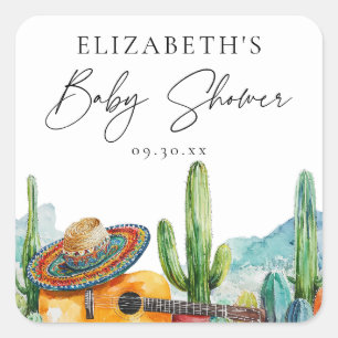 Waterverf Mexicaanse Fiesta Cactus Baby shower gun Vierkante Sticker