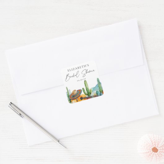 Waterverf Mexicaanse Fiesta Cactus Vrijgezellenfee Vierkante Sticker (Envelop)