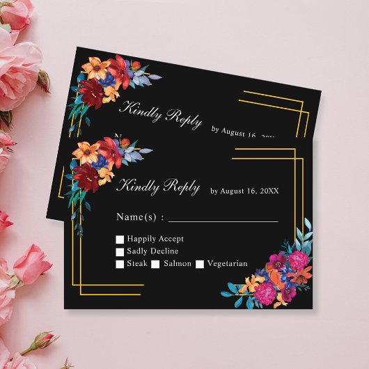 Waterverf Mexicaanse Fiesta Wedding Black RSVP Car Informatiekaartje