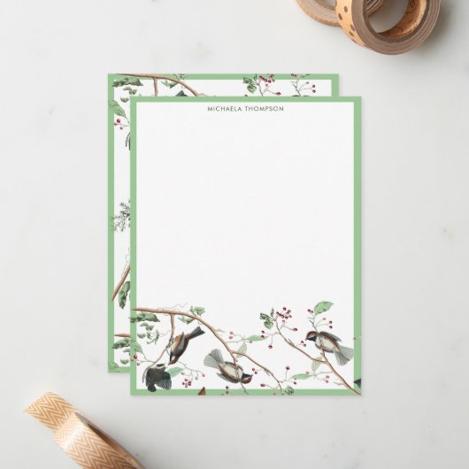 Waterverf Mezen Vogels Bessen & Pijnappels  Notitiekaartje (Voorkant / Achterkant in situ)