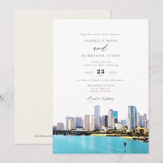 Waterverf Miami Florida City Skyline Wedding Kaart (Voorkant / Achterkant)