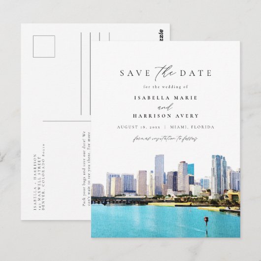 Waterverf Miami Florida Skyline Bewaar de datum Briefkaart (Voorkant / Achterkant)