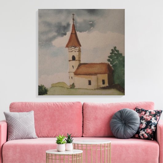 Waterverf middeleeuwse kerk canvas afdruk (Insitu (Woonkamer))